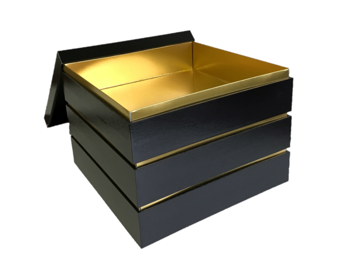 AF97 欅製 お重量 会津 三段重 金彩 ぶどう図 未使用 やまと 栞付 紙箱 紙重箱 8寸 黒・朱 3段 10セット – お箱やさん